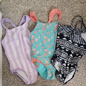 Girls One Piece Sizes 2T - 4T Swimsuit Set - Striped, Peach Print, and Geometric